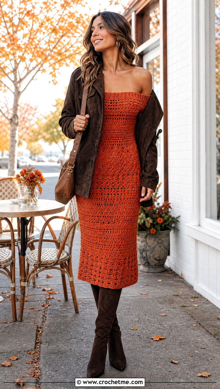 DIY Off Shoulder Crochet Dress With Suede Jacket - 35 diy crochet dress outfit ideas