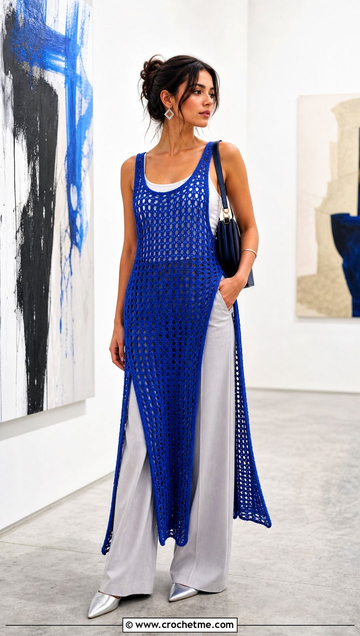 DIY Open Weave Crochet Maxi Dress With Tailored Trousers - 35 diy crochet dress outfit ideas
