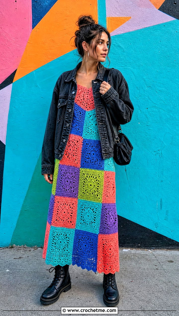 DIY Patchwork Crochet Dress With Black Denim Jacket - 35 diy crochet dress outfit ideas