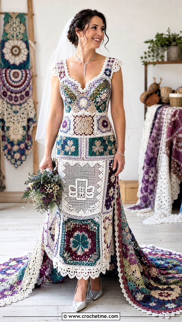 DIY Patchwork Heirloom Crochet Wedding Dress With Detachable Train - 35 diy crochet wedding dress outfit ideas