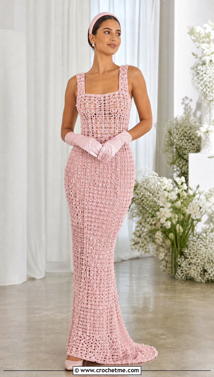 DIY Pearl Embellished Filet Crochet Wedding Dress With Satin Gloves - 35 diy crochet wedding dress outfit ideas