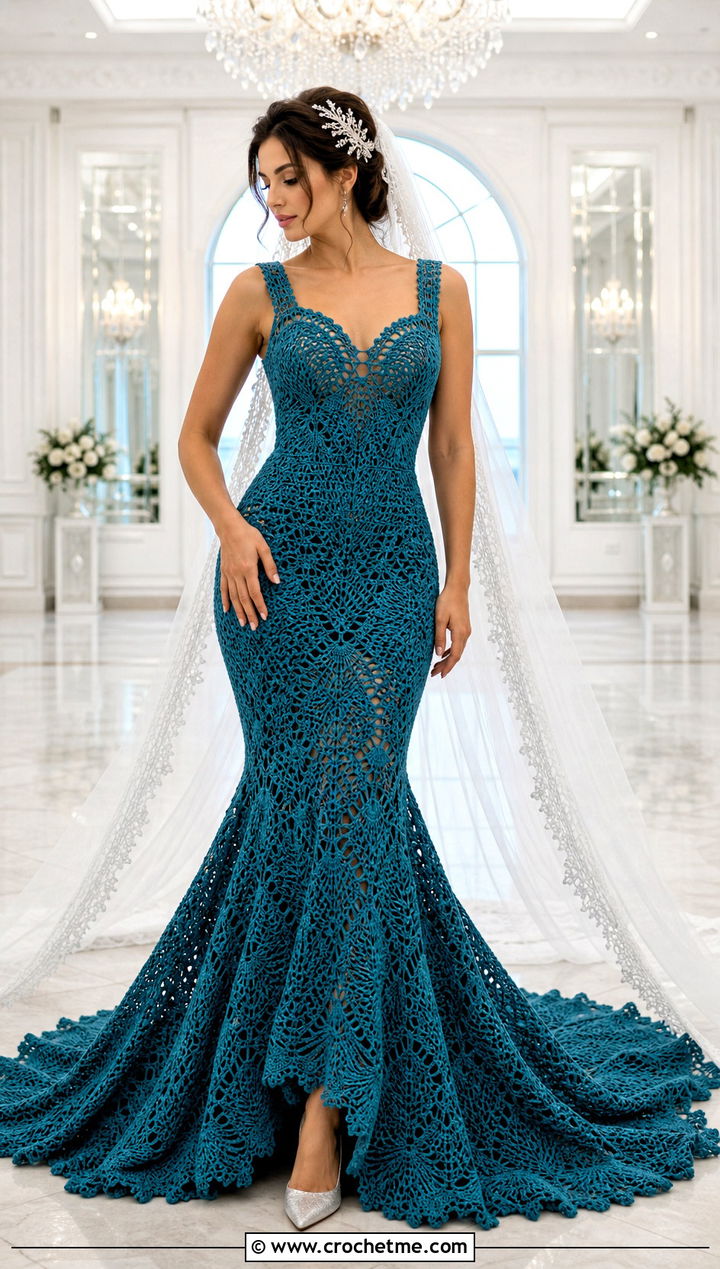DIY Pineapple Stitch Mermaid Crochet Wedding Dress With Cathedral Veil - 35 diy crochet wedding dress outfit ideas