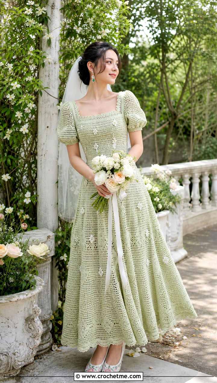 DIY Puff Sleeve Garden Crochet Wedding Dress With Floral Shoes - 35 diy crochet wedding dress outfit ideas
