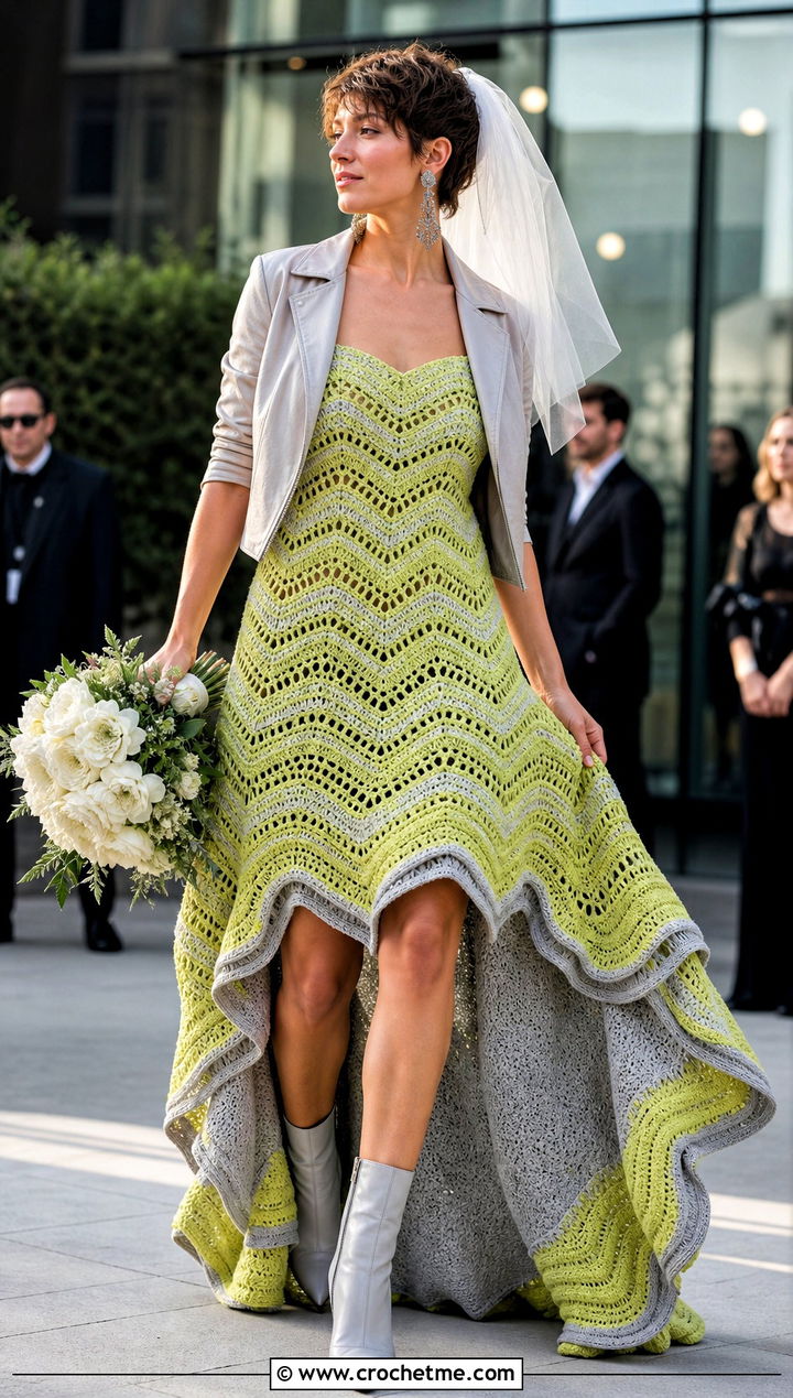 DIY Ripple Stitch High Low Crochet Wedding Dress With Ankle Boots - 35 diy crochet wedding dress outfit ideas