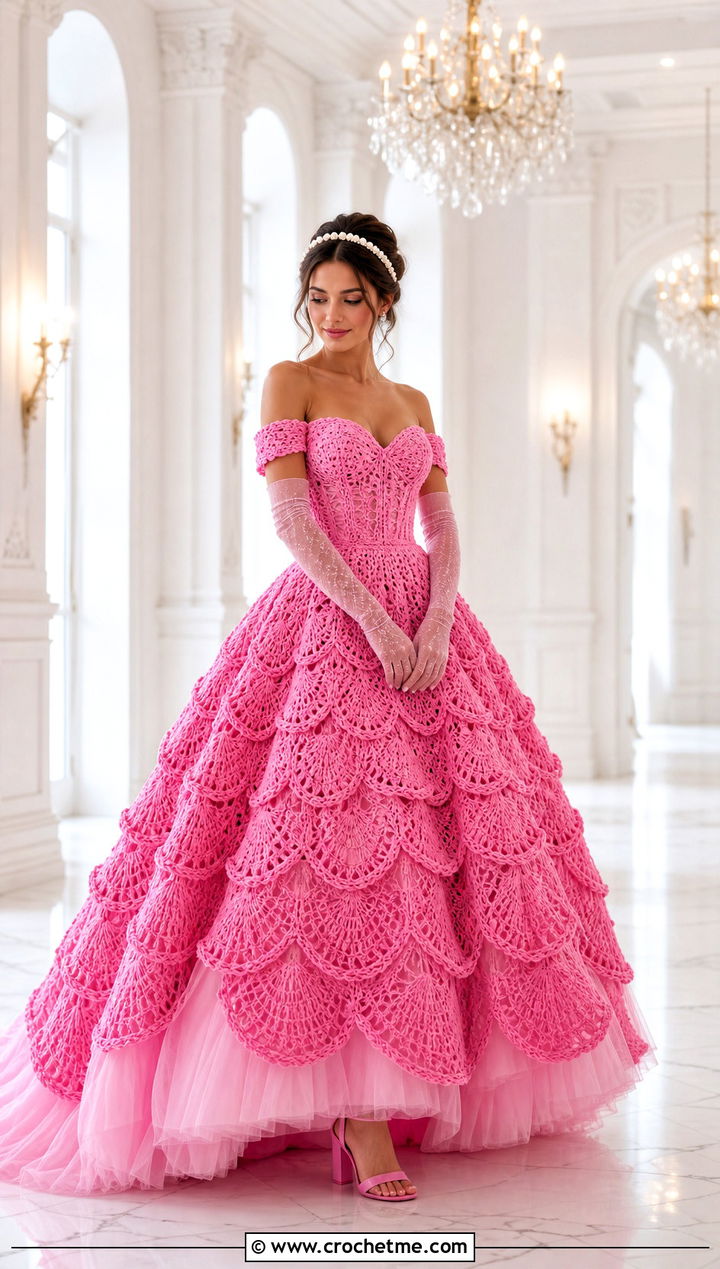 DIY Shell Stitch Ball Gown Crochet Wedding Dress With Opera Gloves - 35 diy crochet wedding dress outfit ideas
