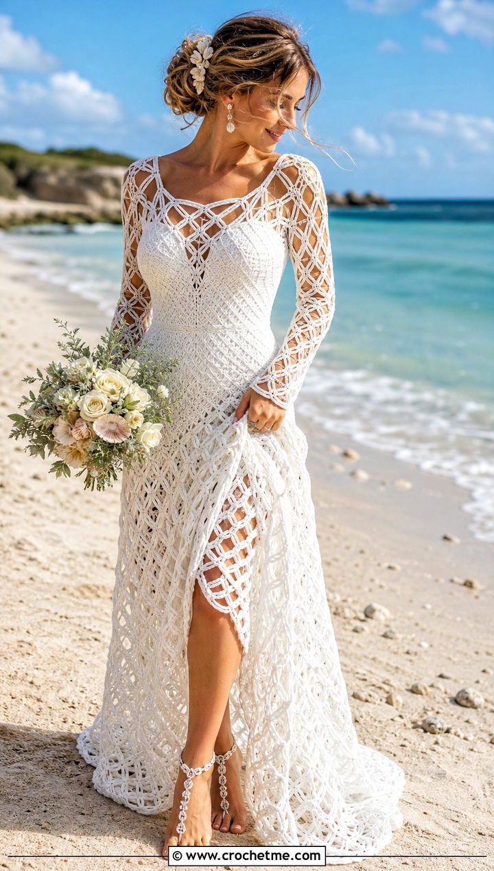 DIY Solomons Knot Beach Crochet Wedding Dress With Barefoot Sandals - 35 diy crochet wedding dress outfit ideas