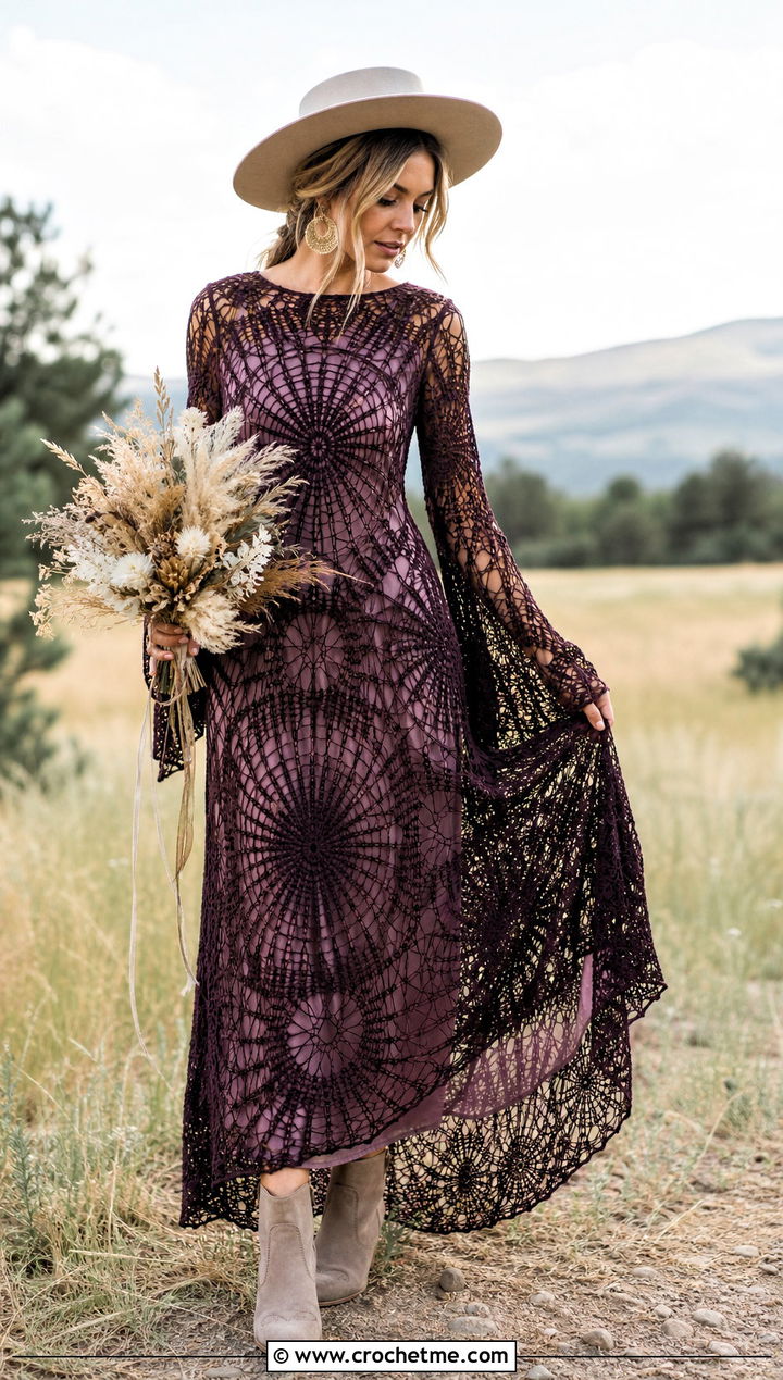 DIY Spiderweb Lace Boho Crochet Wedding Dress With Suede Boots - 35 diy crochet wedding dress outfit ideas