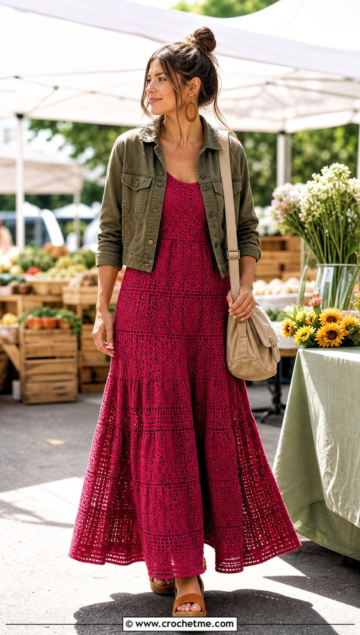 DIY Tiered Crochet Maxi Dress With Utility Jacket - 35 diy crochet dress outfit ideas