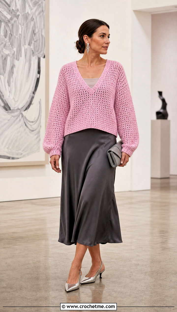 DK Weight Crochet V Neck Sweater With Satin Midi Skirt - 25 Dk Weight Crochet Sweater outfit ideas