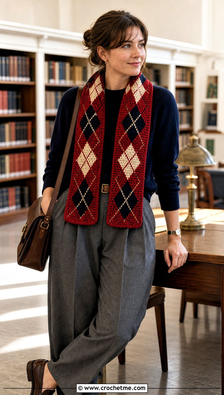 DK Yarn Argyle Crochet Scarf With Pleated Trousers - 30 dk yarn crochet scarf outfit ideas
