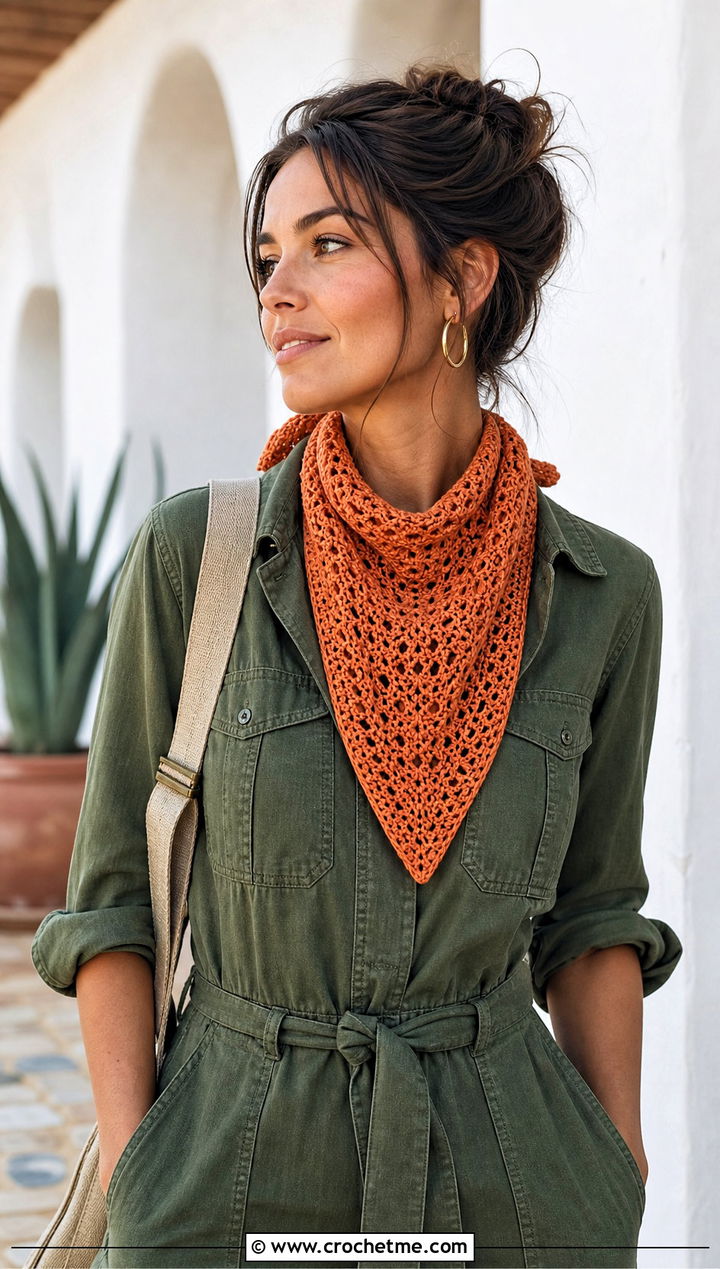 DK Yarn Bandana Crochet Scarf With Utility Jumpsuit - 30 dk yarn crochet scarf outfit ideas