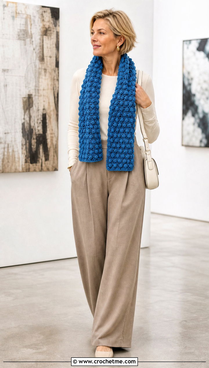 DK Yarn Bobble Stitch Crochet Scarf With Minimalist Separates - 30 dk yarn crochet scarf outfit ideas