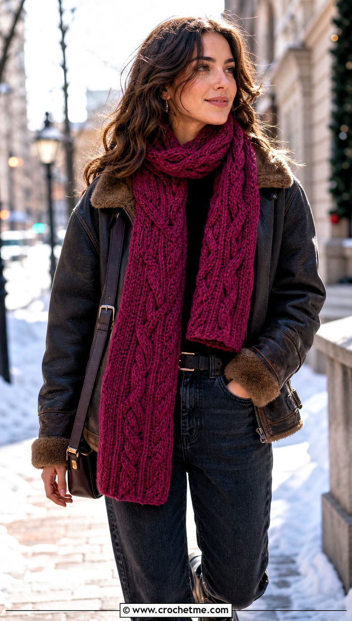 DK Yarn Braided Crochet Scarf With Aviator Jacket - 30 dk yarn crochet scarf outfit ideas