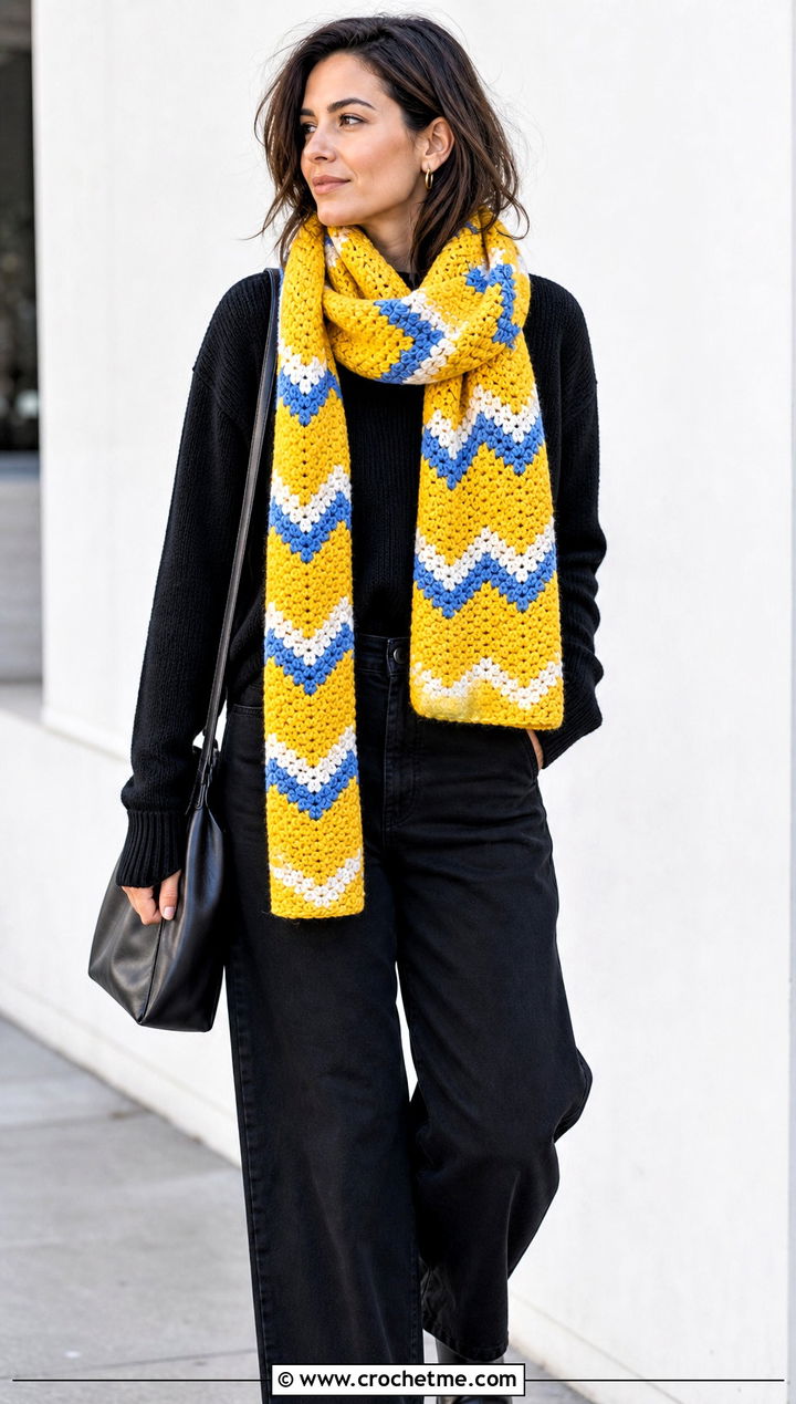 DK Yarn Chevron Crochet Scarf With Monochrome Outfit - 30 dk yarn crochet scarf outfit ideas