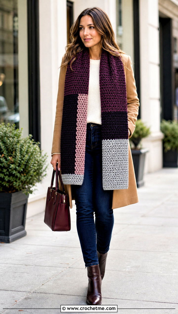 DK Yarn Color Block Crochet Scarf With Camel Coat - 30 dk yarn crochet scarf outfit ideas