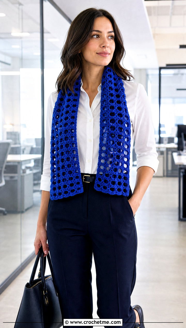 DK Yarn Filet Crochet Scarf With White Shirt - 30 dk yarn crochet scarf outfit ideas