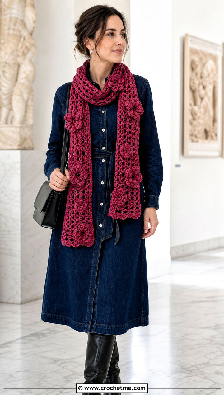 DK Yarn Floral Applique Crochet Scarf With Denim Dress - 30 dk yarn crochet scarf outfit ideas