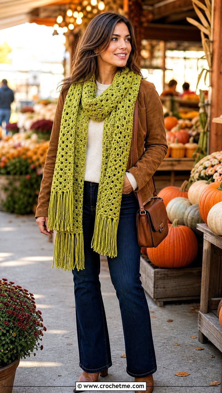 DK Yarn Fringe Crochet Scarf With Suede Jacket - 30 dk yarn crochet scarf outfit ideas