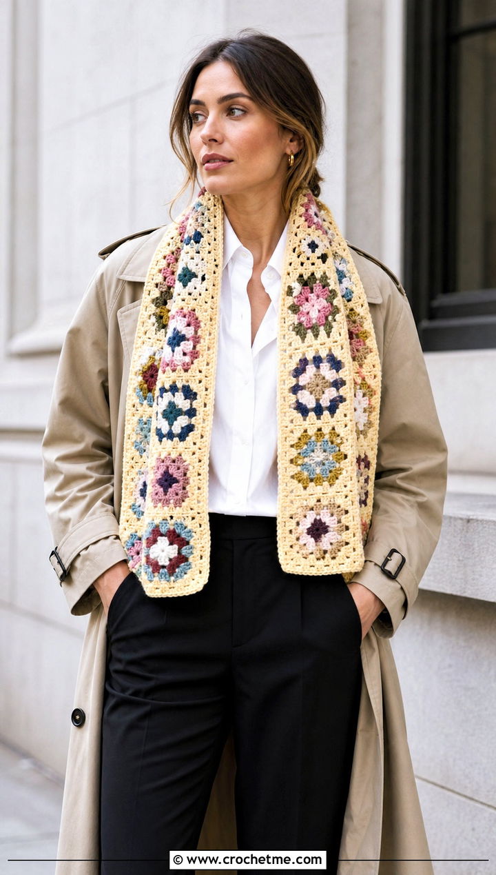 DK Yarn Granny Square Crochet Scarf With Trench Coat - 30 dk yarn crochet scarf outfit ideas