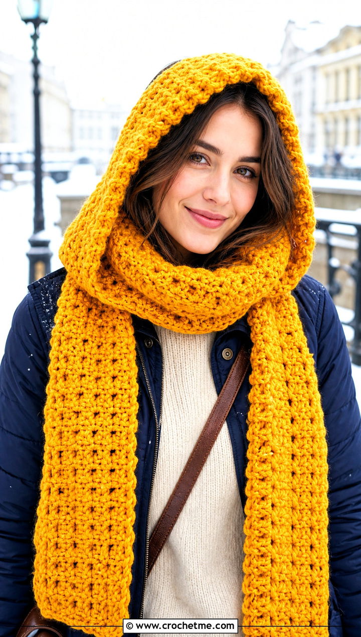 DK Yarn Hooded Crochet Scarf With Quilted Coat - 30 dk yarn crochet scarf outfit ideas