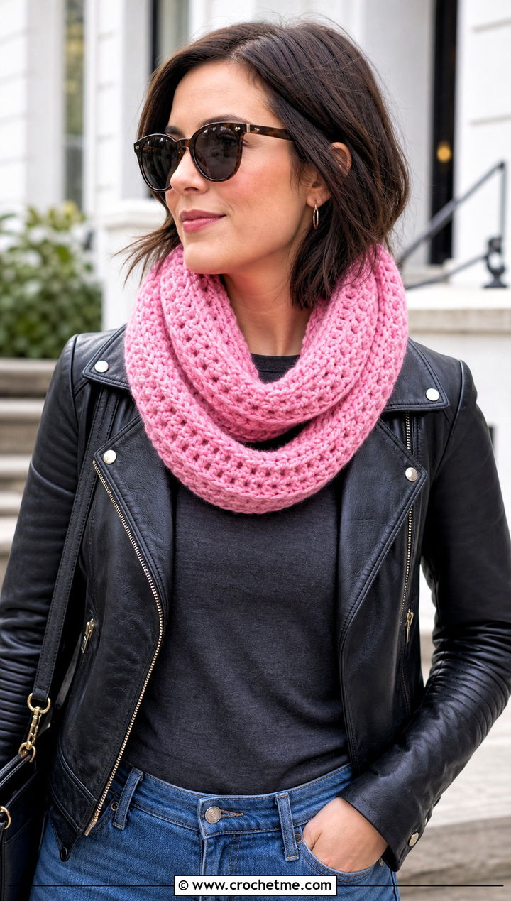 DK Yarn Infinity Crochet Scarf With Leather Jacket - 30 dk yarn crochet scarf outfit ideas