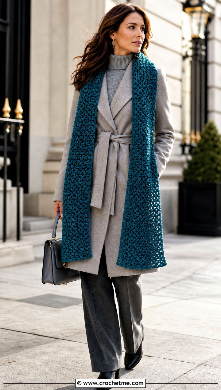 DK Yarn Longline Wrap Crochet Scarf With Belted Coat - 30 dk yarn crochet scarf outfit ideas