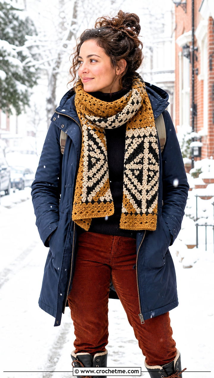 DK Yarn Mosaic Crochet Scarf With Parka - 30 dk yarn crochet scarf outfit ideas
