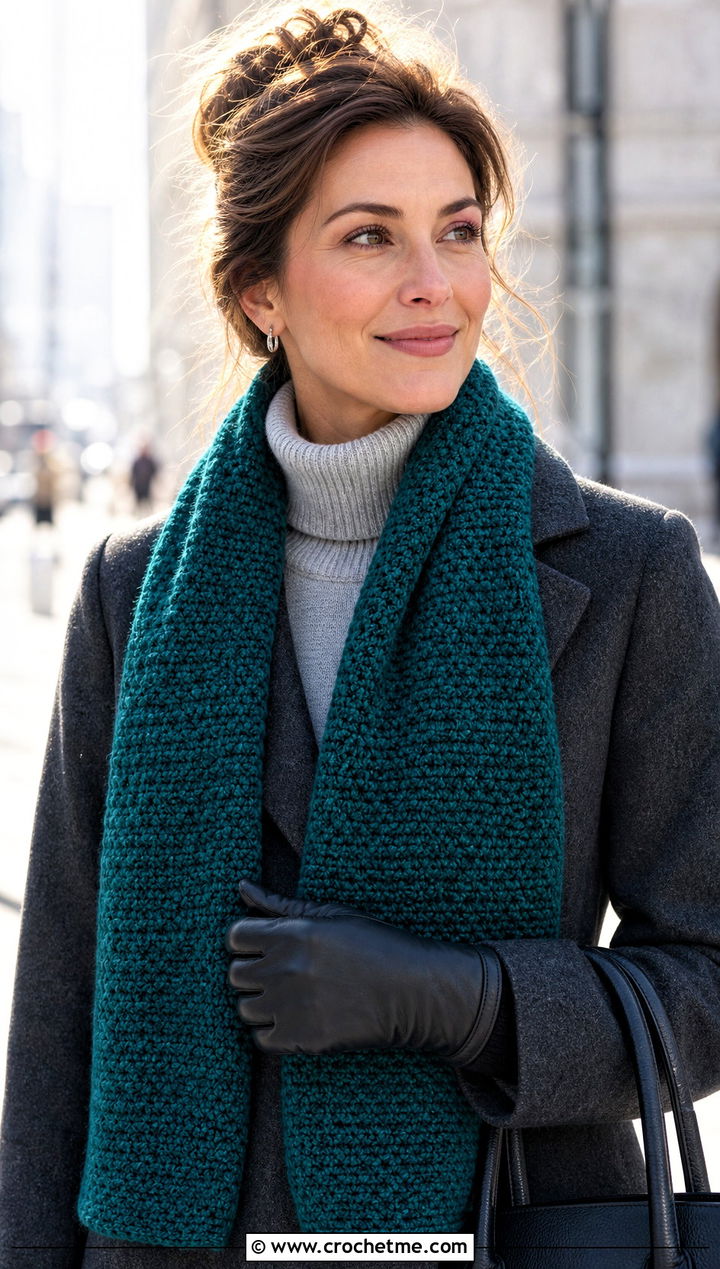 DK Yarn Moss Stitch Crochet Scarf With Wool Coat - 30 dk yarn crochet scarf outfit ideas