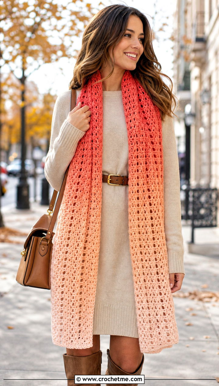 DK Yarn Ombre Crochet Scarf With Sweater Dress - 30 dk yarn crochet scarf outfit ideas