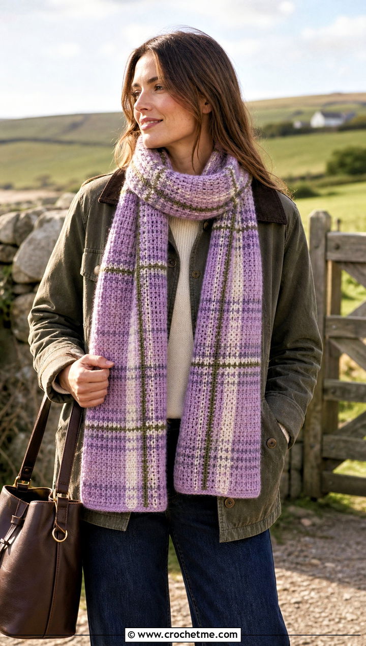 DK Yarn Plaid Crochet Scarf With Barn Jacket - 30 dk yarn crochet scarf outfit ideas