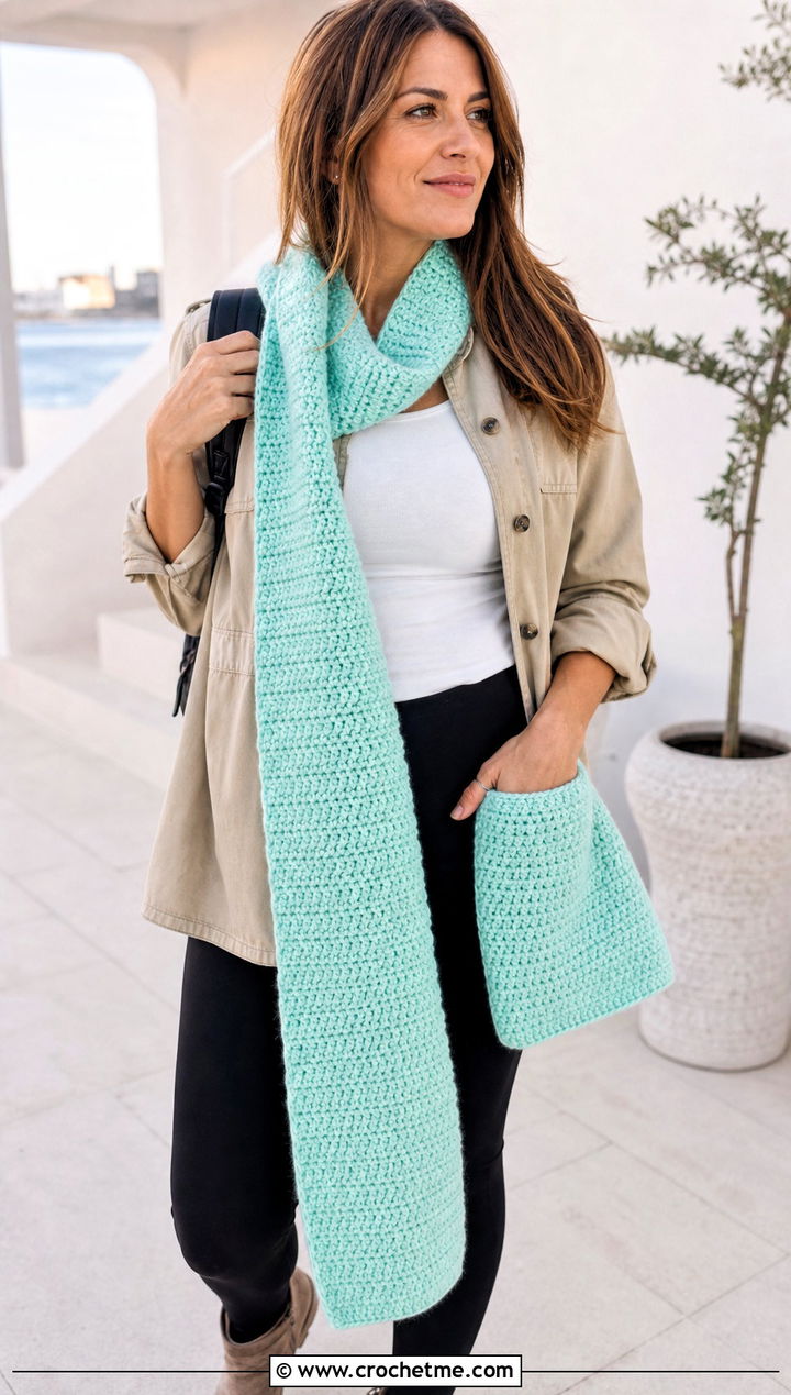 DK Yarn Pocket Crochet Scarf With Leggings - 30 dk yarn crochet scarf outfit ideas