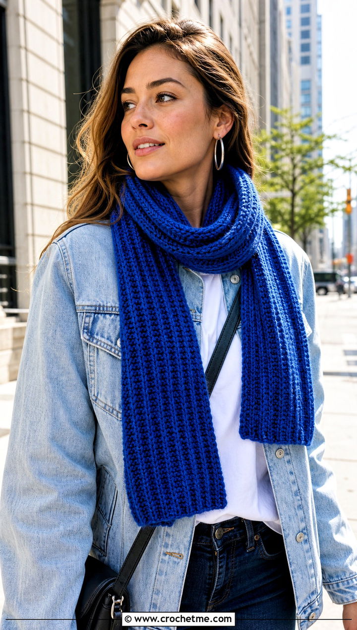 DK Yarn Ribbed Crochet Scarf With Denim Jacket - 30 dk yarn crochet scarf outfit ideas