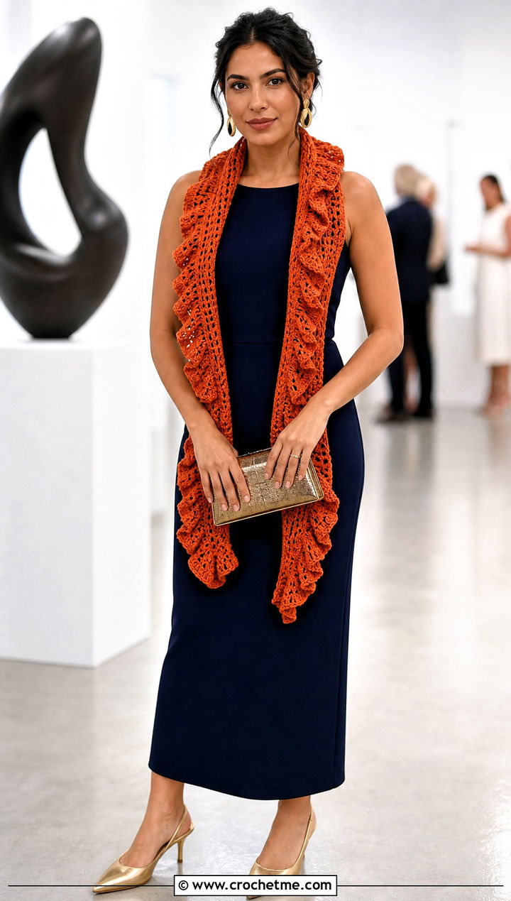 DK Yarn Ruffle Edge Crochet Scarf With Column Dress - 30 dk yarn crochet scarf outfit ideas