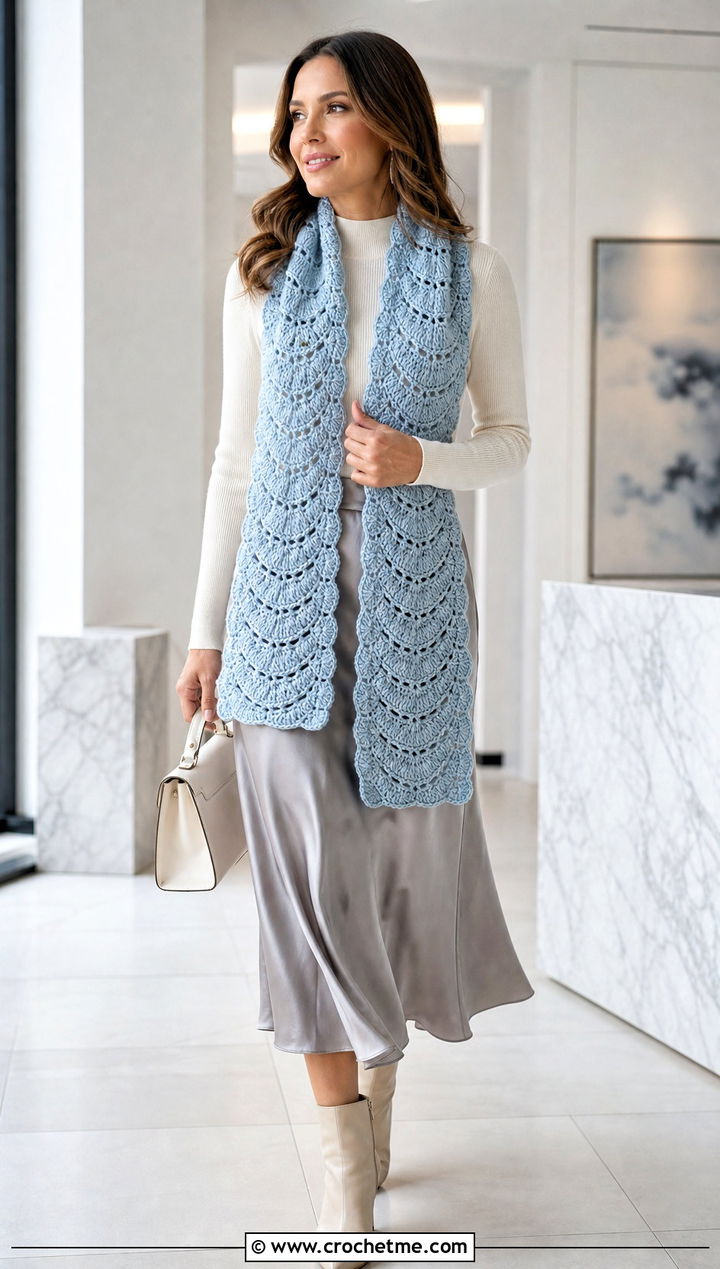 DK Yarn Shell Stitch Crochet Scarf With Midi Skirt - 30 dk yarn crochet scarf outfit ideas