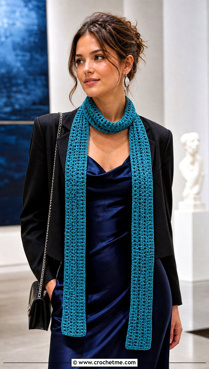 DK Yarn Skinny Crochet Scarf With Slip Dress - 30 dk yarn crochet scarf outfit ideas