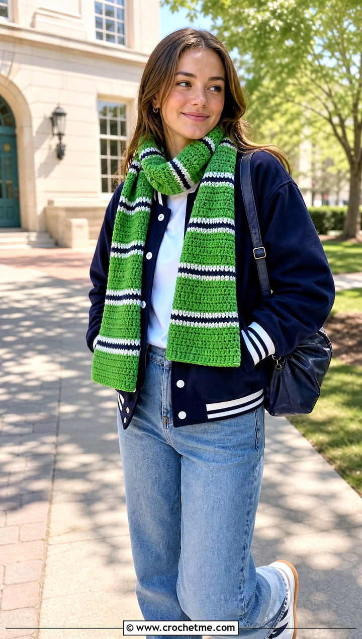 DK Yarn Striped Crochet Scarf With Varsity Jacket - 30 dk yarn crochet scarf outfit ideas