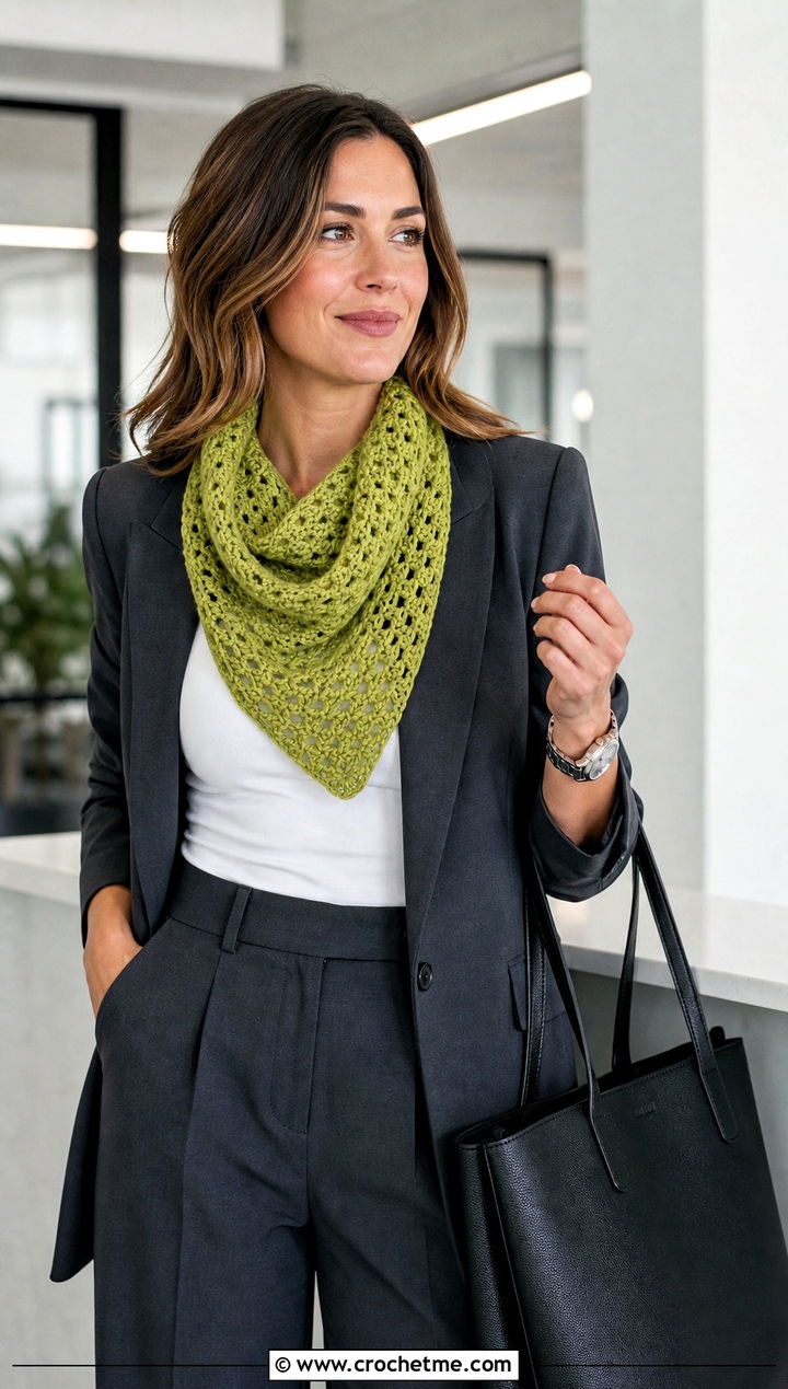 DK Yarn Triangle Crochet Scarf With Tailored Blazer - 30 dk yarn crochet scarf outfit ideas
