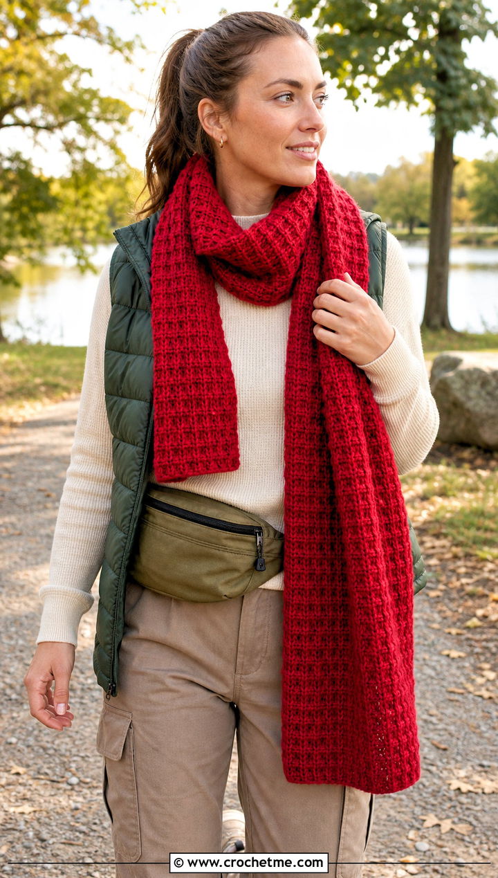 DK Yarn Waffle Stitch Crochet Scarf With Puffer Vest - 30 dk yarn crochet scarf outfit ideas
