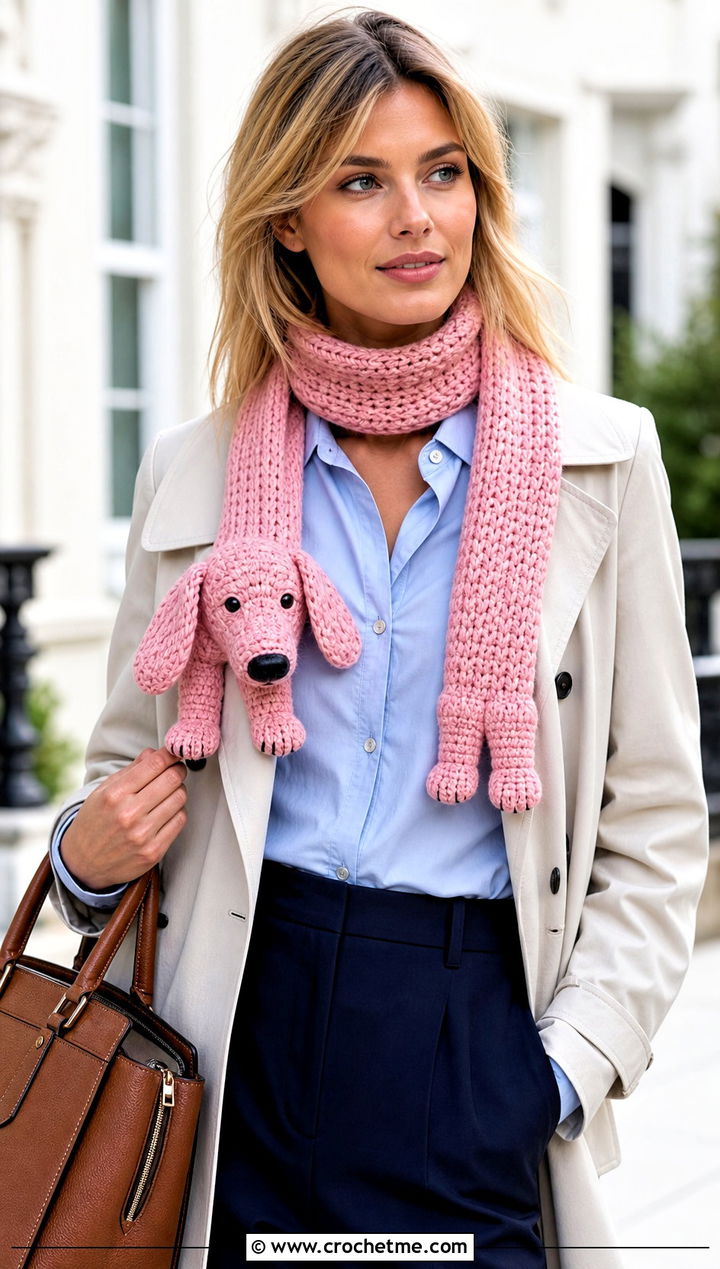 Dachshund Crochet Scarf With Trench Coat - 15 Funny Crochet Scarves outfit ideas