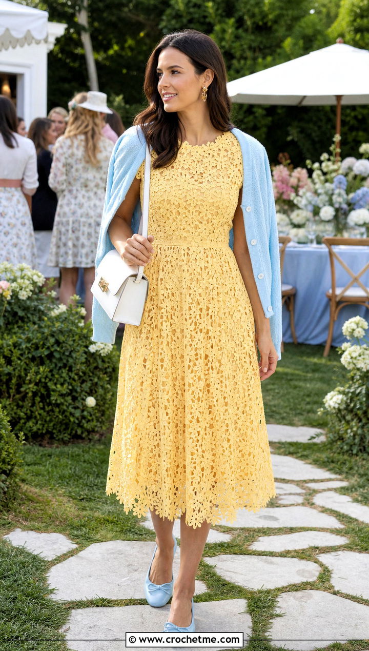 Daffodil Crochet Cap Sleeve Top And A Line Skirt With Ballet Flats - 15 yellow crochet top and skirt set outfit ideas
