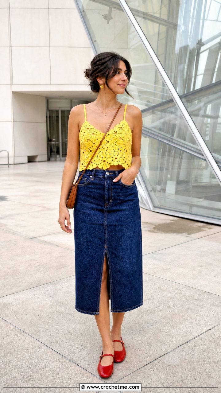 Daffodil Crochet Flower Camisole With a Denim Midi Skirt - 35 crochet flower top outfit ideas