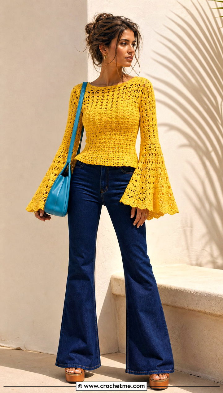 Daffodil Yellow Crochet Bell Sleeve Sweater With Flared Jeans - 30 Crochet Yellow Sweater outfit ideas