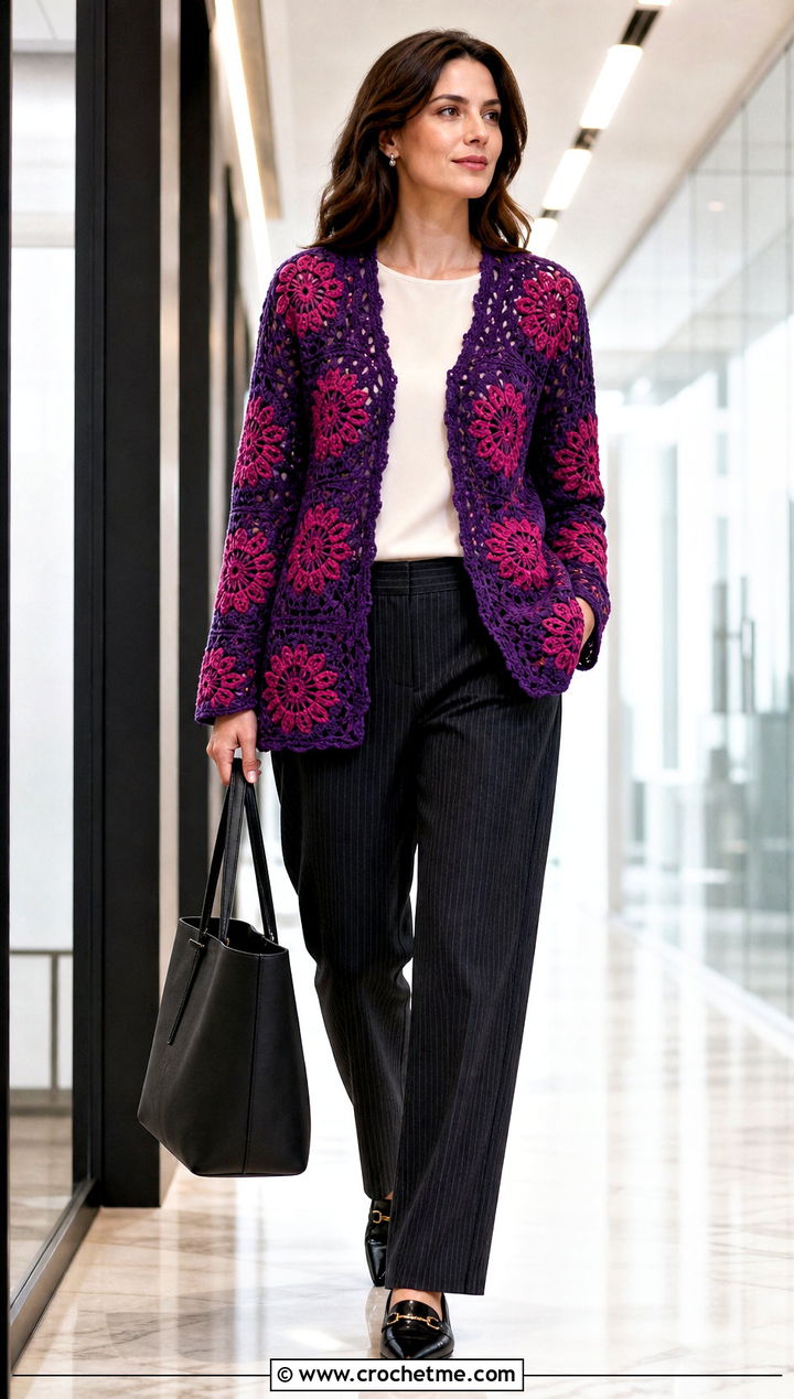 Dahlia Flower Cardigan With Pinstripe Trousers - 30 crochet flowers cardigan outfit ideas