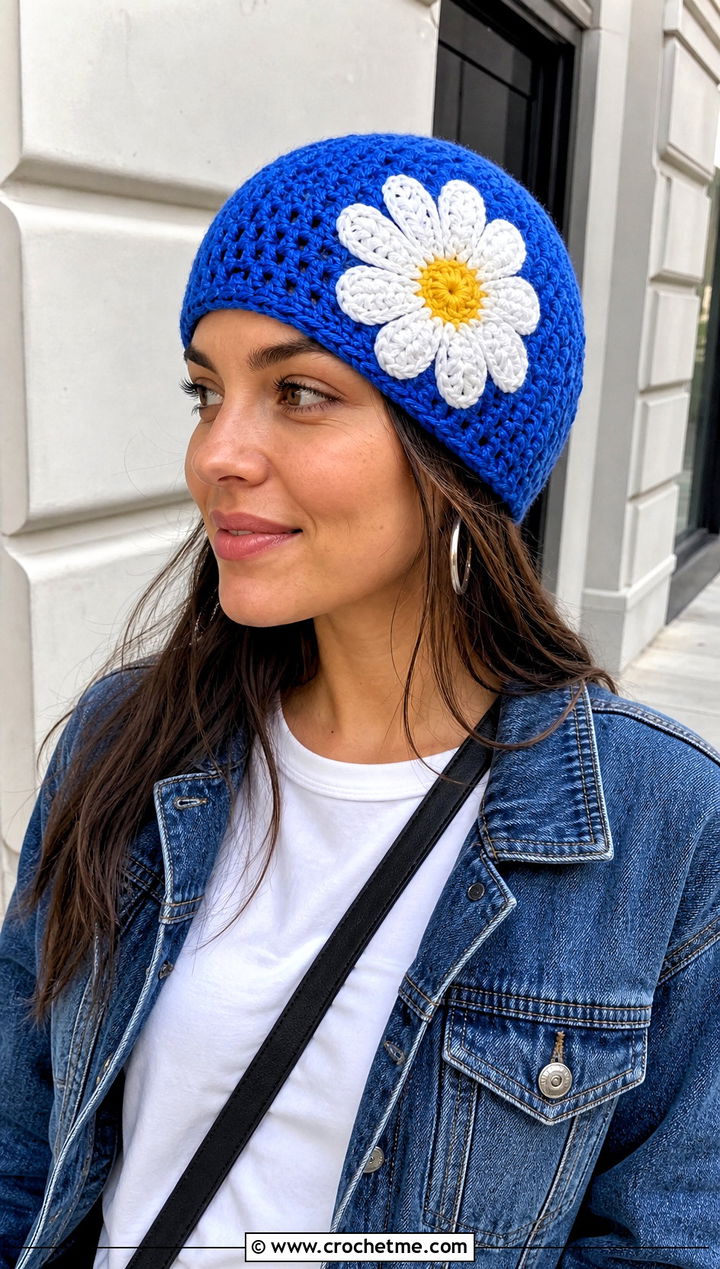 Daisy Applique Crochet Beanie With Denim Jacket - 30 crochet flower beanie outfit ideas