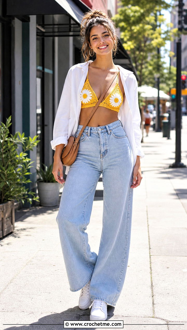 Daisy Applique Crochet Bralette With Wide Leg Jeans - 15 crochet bralette with floral design outfit ideas