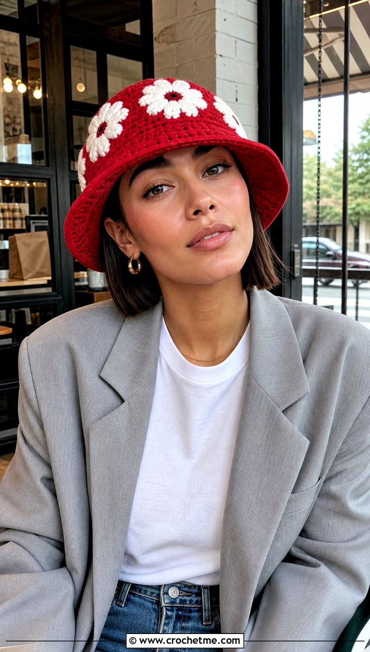 Daisy Applique Crochet Bucket Hat With Blazer And Jeans - 25 daisy crochet bucket hat outfit ideas