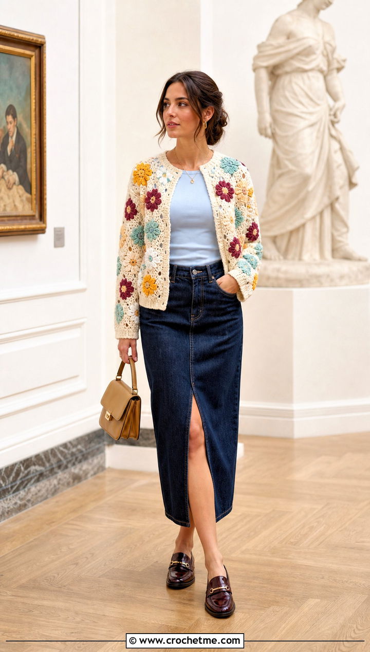 Daisy Applique Crochet Cardigan With A Denim Midi Skirt - 25 Crochet Colourful Cardigan outfit ideas
