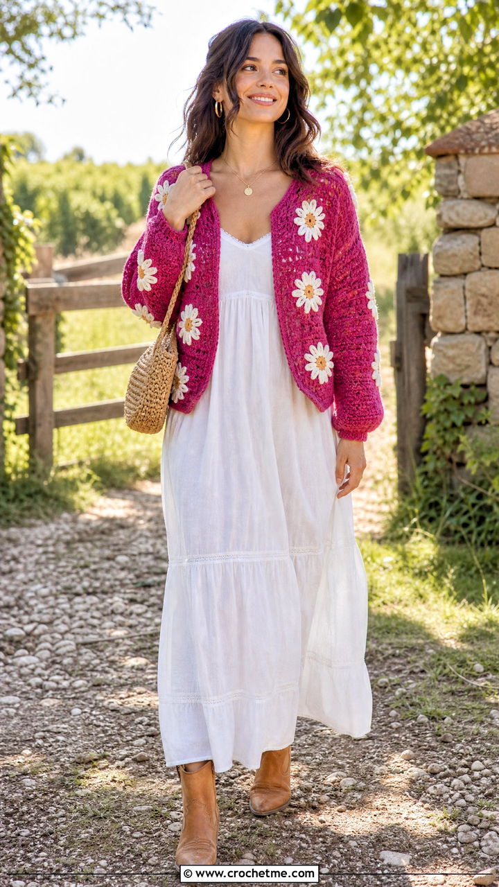 Daisy Applique Crochet Folklore Cardigan With White Maxi Dress - 35 crochet folklore cardigan outfit ideas