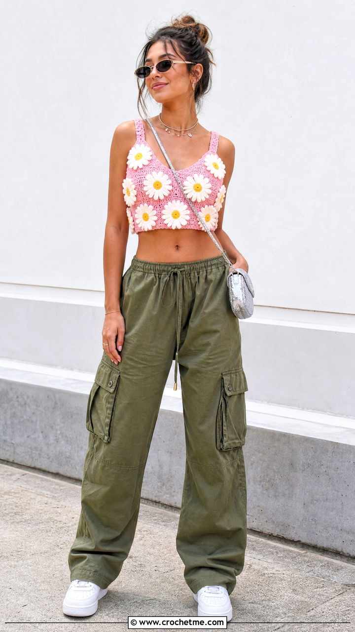 Daisy Applique Crop Top With Cargo Pants - 35 crochet floral top outfit ideas