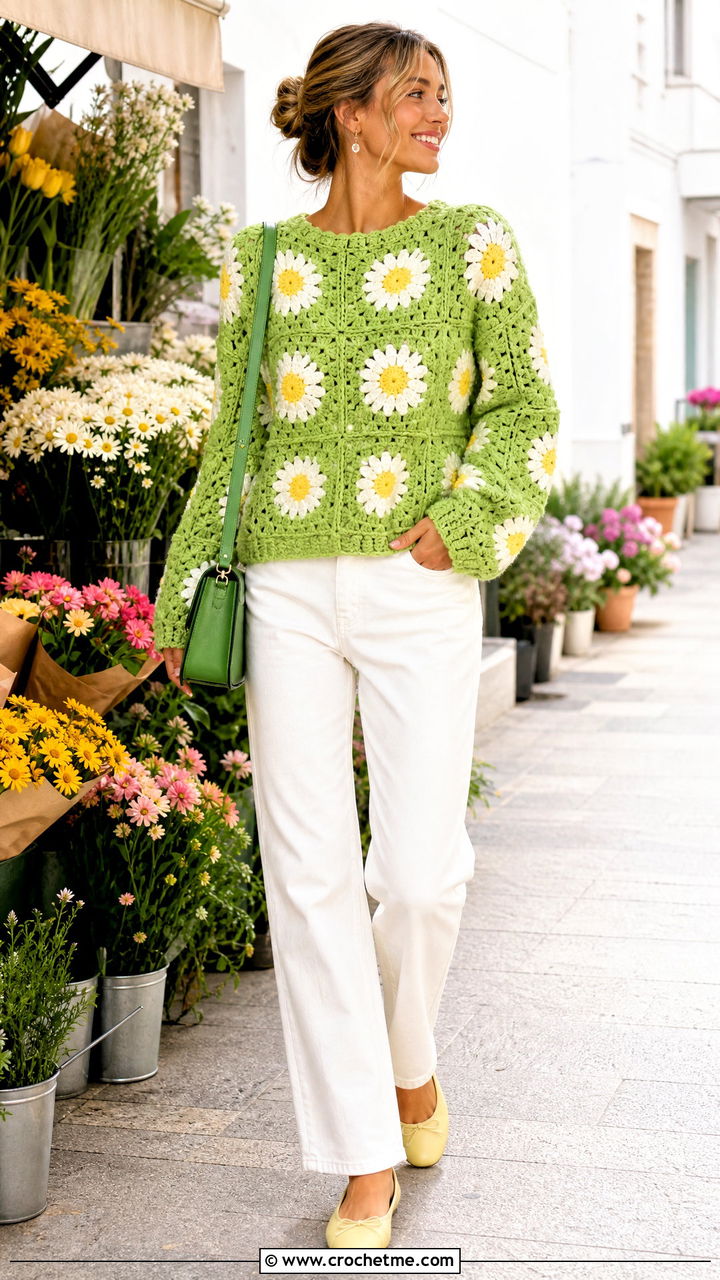 Daisy Big Granny Square Sweater With White Jeans - 35 big granny square sweater outfit ideas